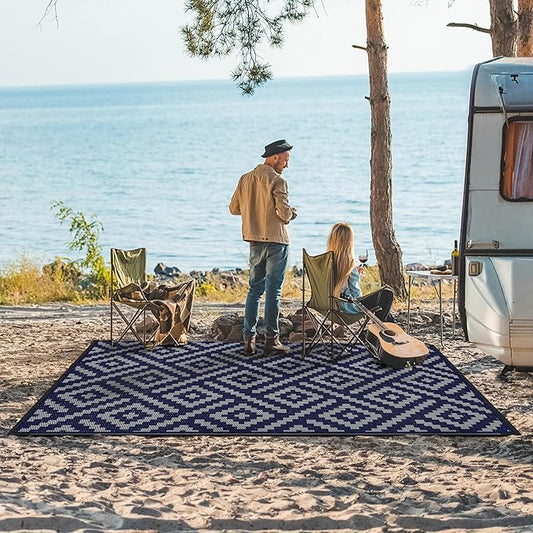 GENIMO Outdoor Rug, Waterproof Plastic Rugs 9'x12' for Camping Blue Grey | Outside Larger Modern Carpet Mat for Porch Decor, Deck, Balcony, Camping, RV, Backyard, Picnic, Beach, Reversible, Foldable