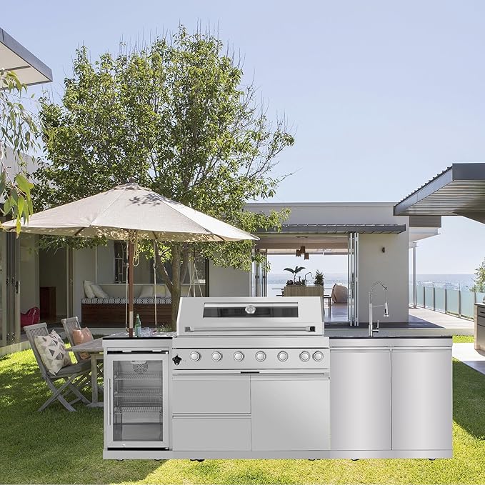 96 Inches 6-Burner 72,000 BTU Deluxe Stainless Steel Propane Gas Grill Outdoor Kitchen Island,Sink,Storage Cabinet and Beverage Refrigerator Storage&Drawers for Patio Backyard,Silver
