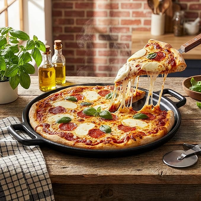 Home-Complete Cast Iron Pizza Pan - 14-Inch Baking Pan for Oven, Stovetop, Grill, or Campfires - Durable, Even-Heating, Versatile Cast Iron Griddle