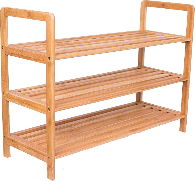 BIRDROCK HOME Bamboo Shoe Rack Organizer for Entryway, Closet, or Front Door - Stackable Wooden Storage Shelf for Small Spaces, Indoor or Outdoor, Decorative Brown Madera - Elegant, Simple - 3 Tier
