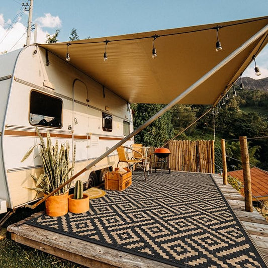 GENIMO Outdoor Rug, Waterproof Plastic Rugs 10'x20' for Camping Black Brown | Outside Larger Modern Carpet Mat for Patio Decor, RV, Porch, Camper, Deck, Picnic, Beach, Backyard, Reversible, Foldable