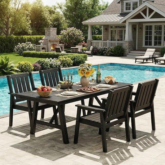 Garvee Outdoor Patio Dining Table Set for 4, 5 Piece Outdoor HDPE Dining Furniture Tables Set with Umbrella Hole, Aluminum Frame, All-Weather Garden Table and 6 Chairs for Backyard Poolside, Black