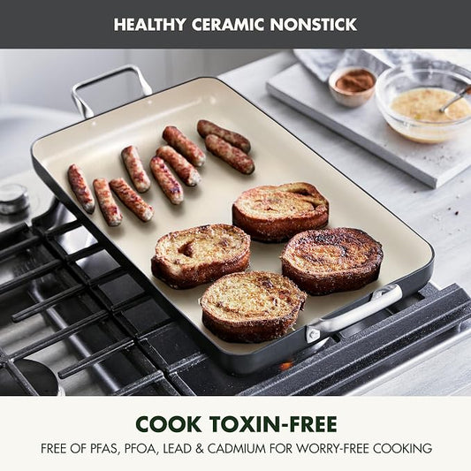 GreenPan 18" x 11" Double Burner Griddle Pan, Hard Anodized Healthy Ceramic Nonstick PFAS-Free, Stainless Steel Handles, Stovetop Cooking, Dishwasher Safe, Oven & Broiler Safe Cookware, Black