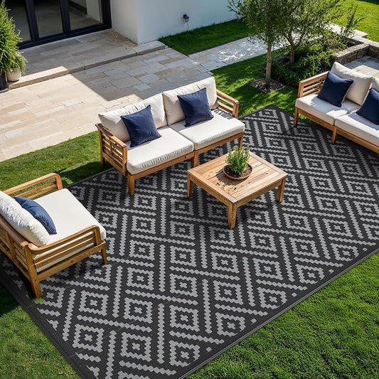 GENIMO Outdoor Rug, Waterproof Plastic Rugs 10'x20' for Camping Black Grey | Outside Larger Modern Carpet Mat for Patio Decor, RV, Porch, Camper, Deck, Picnic, Beach, Backyard, Reversible, Foldable
