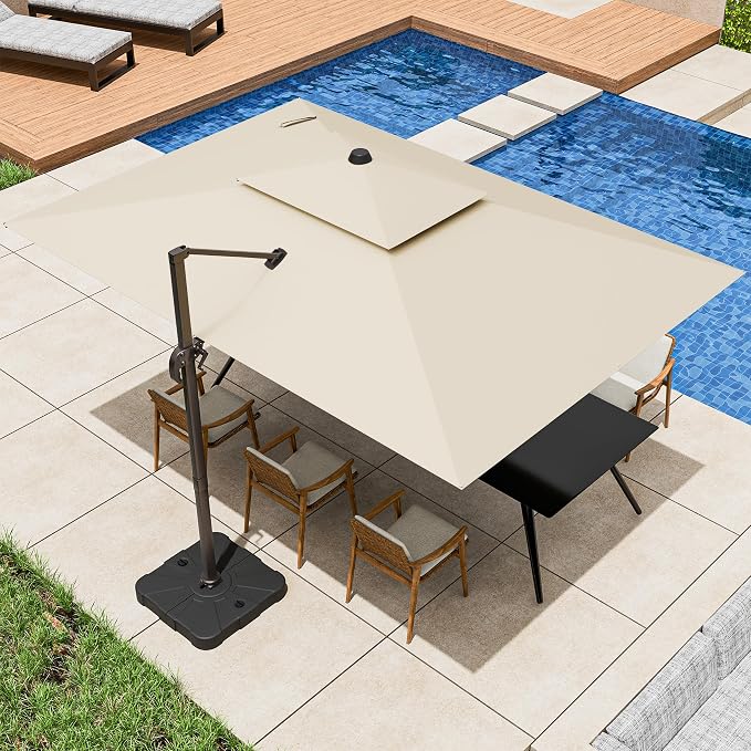 9x12FT Cantilever Patio Umbrella Heavy-Duty Aluminum | 360° Rotating Double Canopy Rectangular Offset Umbrella for Pool, Deck, Garden & Backyard, Beige