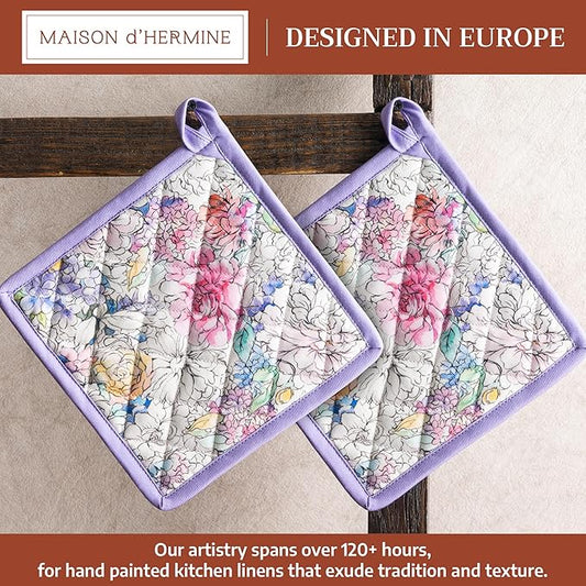 Maison d' Hermine Pot Holders 100% Cotton Heat Resistant Potholders 8" x 8" Hot Pads with Loop BBQ Cooking Baking Hotel Farmhouse Kitchen Handling Hot Pans Spring Summer (Pack of 2, Floral Love)
