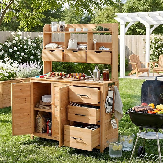 Merax Farmhouse Potting Bench with 6 Drawers, 44.6” Large Garden Workstation, Outdoor Kitchen Island with Bottom Cabinet & Hooks, Freestanding Patio Furniture,Natural Wood