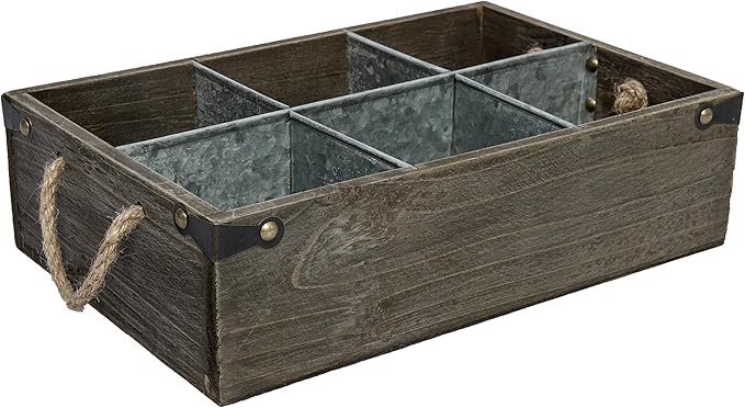 MyGift Rustic Solid Wood and Galvanized Multipurpose Organizer Caddy with 6 Metal Partition Divided Slots and Rope Handles, Vintage Style Wine Bottle Crate Storage Gift Box