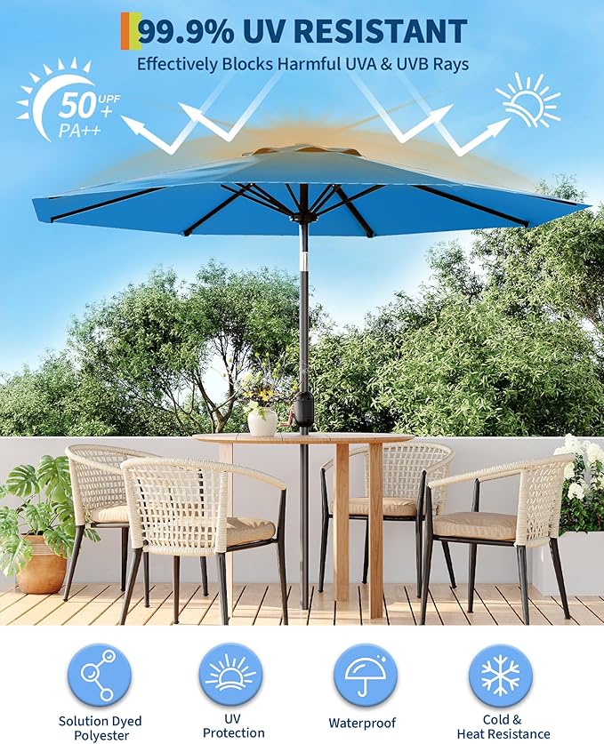 Garvee 9 ft Patio Umbrella - 8 Sturdy Ribs Outdoor Table Umbrella with Crank Lift & Push Button Tilt - Market Umbrella for Pool, Deck, Yard, Garden - Azure