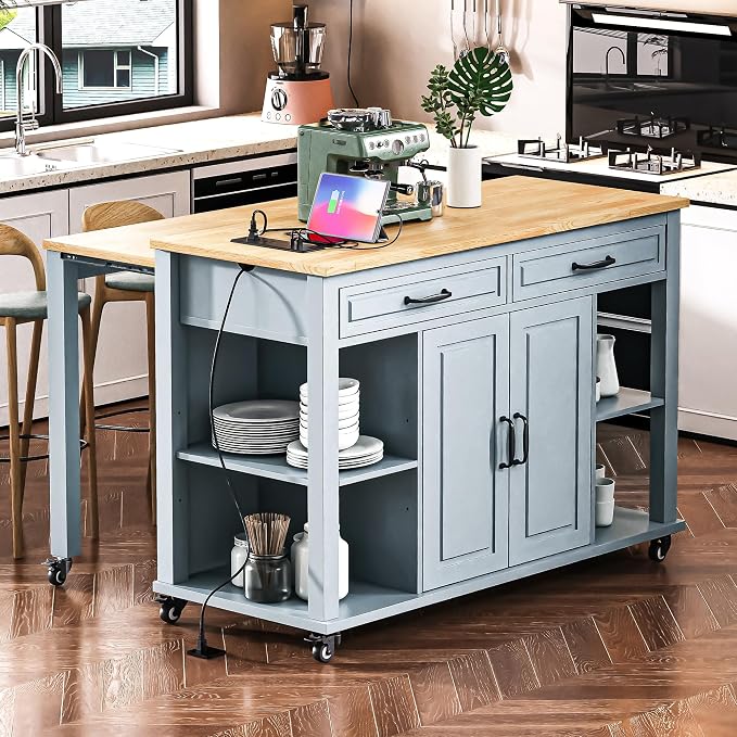 Ball & Cast Kitchen Island with Extendable Dining Table,Rubber Wood Veneer Kitchen Table W/Internal Storage Rack,Power Outlet & USB Ports,Kitchen Cart On Wheels W/2 Drawers & 2 Cabinets,Grey Blue,47"