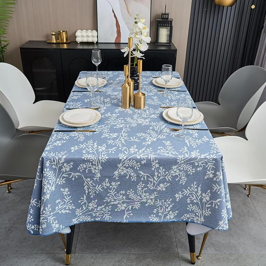 LIBERECOO Vinyl Tablecloth with Flannel Backing –Indigo Botanical Charm, Waterproof, Wipeable, Durable Table Cover – 4 Colors