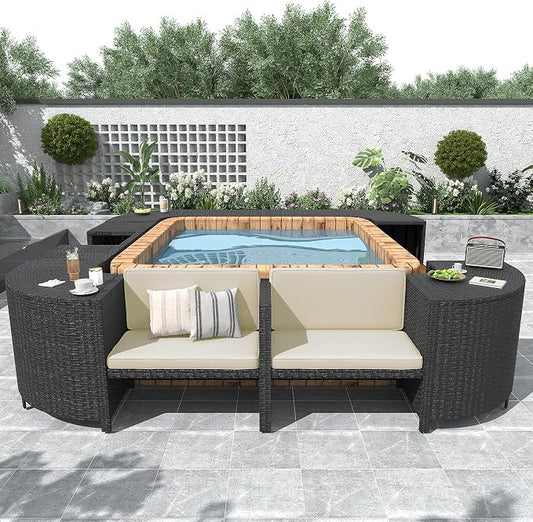 Merax Patio Furniture Set with Mini Sofa, Wooden Seats and Storage Spaces, Outdoor Conversation Sets for Patio, Lawn, Garden