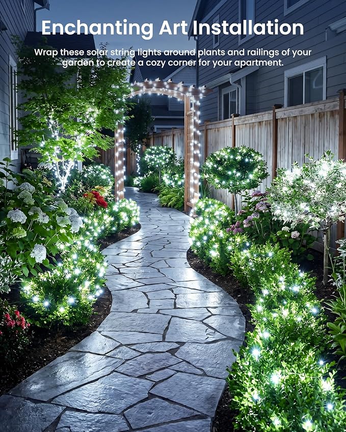 Minetom 2 Pack Solar String Lights, Total 66Ft 200 LED Solar Fairy Lights Outdoor Waterproof, 8 Modes Firefly Starry Moon Twinkle Lights for Yard Garden Patio Tree DIY Crafts Wedding Party(Cool White)