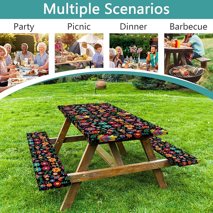 JAWO Mexican Picnic Table Cover Set with Bench Covers Camping Theme Tablecloth 6FT Fitted Picnic Table Cover with Elastic Windproof and Waterproof Fabric, Camping Accessories Patio & Outdoor