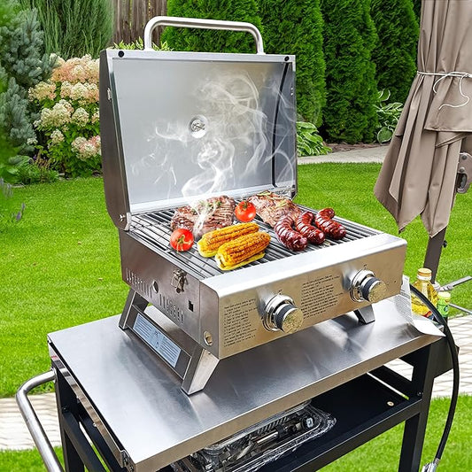 BBQCuker Portable Propane Gas Grill 2-Burner Tabletop with Foldable Legs for Outdoor Camping Cooking Two 10,000 BTU Burners Stainless Steel, and Built-in Thermometer Chef's Style