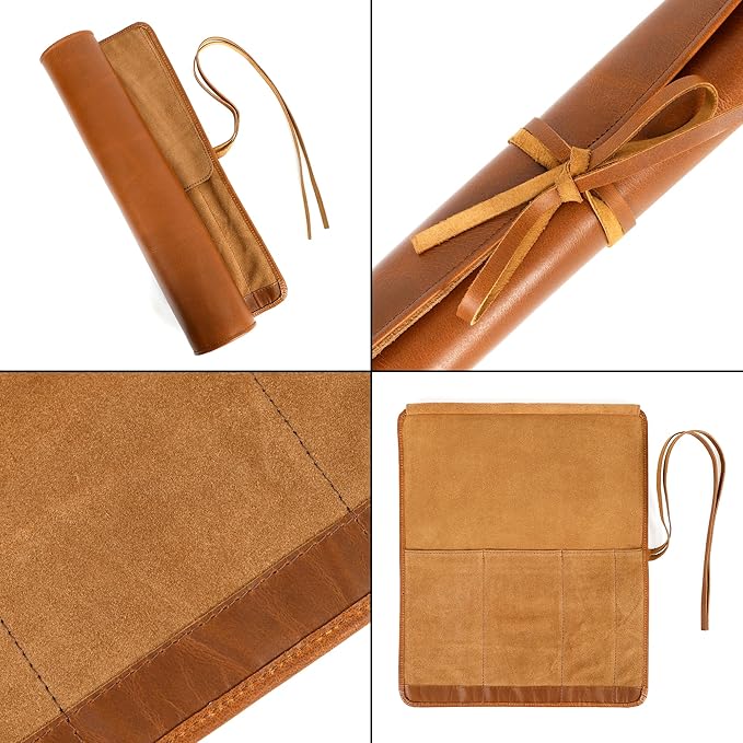 ELIZO Leather Knife Roll Bag Professional Chef Knife Case, Durable Knife Sheath Holder, Cooks & Culinary Tools Carrying Storage, Portable Knife Wrap - 4 Slots