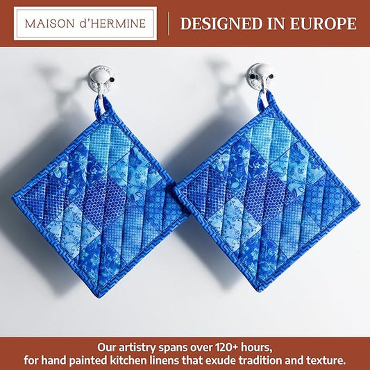 Maison d' Hermine Pot Holders 100% Cotton Heat Resistant Potholders 8" x 8" Hot Pads with Loop BBQ Cooking Baking Hotel Farmhouse Kitchen Handling Hot Pans Spring Summer (Pack of 2, Indigo Love)
