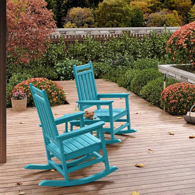 HDPE Rocking Chair Outdoor Set of 2 with Side Table - Poly High Back Porch Rocker Chairs for Adults - All Weather Resistant Furniture for Patio Front Porch - Lake Blue