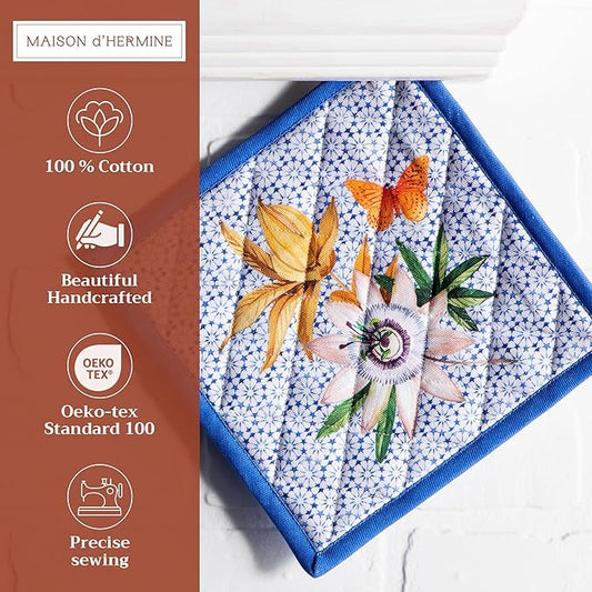 Maison d' Hermine Pot Holders 100% Cotton Heat Resistant Potholders 8" x 8" Hot Pads with Loop BBQ Cooking Baking Hotel Farmhouse Kitchen Handling Hot Pans Spring Summer (Pack of 2, Passiflora)