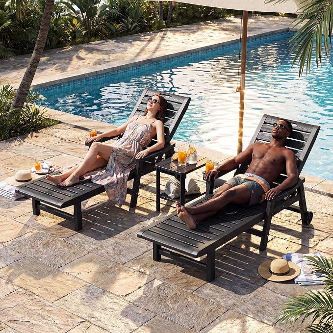 Outdoor Chaise Lounges, Patio Lounge Chair (Black with Wheels, Set of 2) | Wood-Grain HDPE, 5-Position Recline, Lockable Wheels, Cup Holder, 450 lbs, Indoor/Outdoor