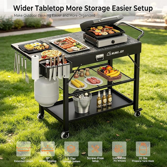 Grill Cart, 500lbs Heavy Duty Grill Table, 19 Inch Wider BBQ Prep Station with 3-Tier Storage, Lockable Wheels, Foldable Portable Outdoor Blackstone Stand Fits 22" Griddle, Tool-Free Setup