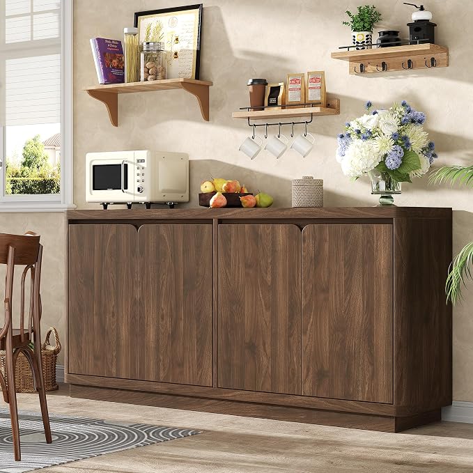 knoworld 63" Buffet Cabinet with Storage & Power Outlet, Wood Sideboard Credenza with Double-Arc Doors, Modern Coffee Bar Console Table for Kitchen Dining Room, Walnut
