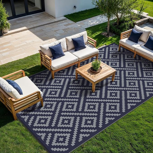 GENIMO Outdoor Rug, Waterproof Plastic Rugs 10'x14' for Camping Blue Grey | Outside Larger Modern Carpet Mat for Patio Decor, RV, Porch, Camper, Deck, Picnic, Beach, Backyard, Reversible, Foldable