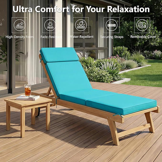 72 x 21 Inch Outdoor Chaise Lounge Cushion - Removable Cover, 4-Section Design, Water-Repellent & Fade-Resistant, 6 Tie Straps, Replacement for Patio & Pool Chairs - Teal