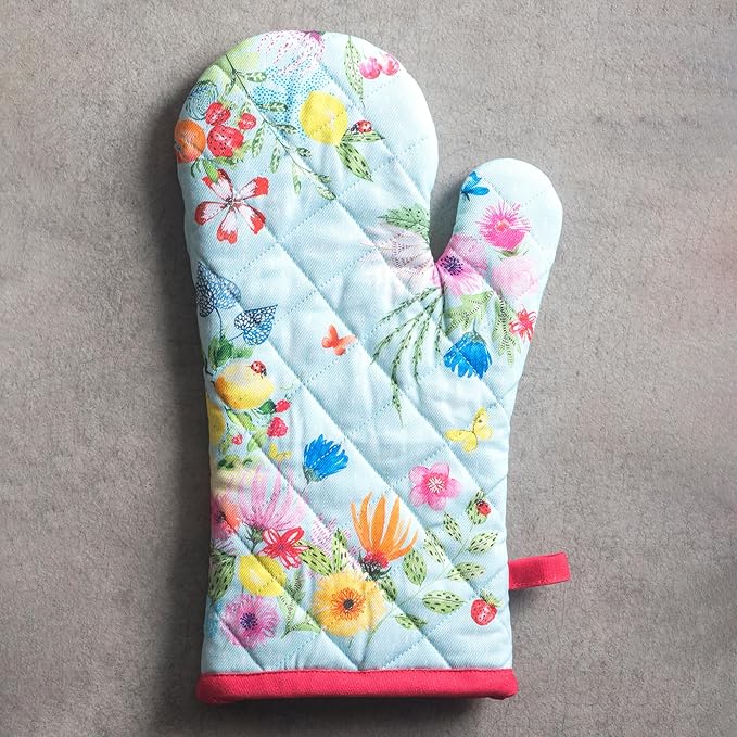 Maison d'Hermine Oven Gloves 100% Cotton Oven Mitt 7" x 13" with Loop Heat Resistant BBQ Cooking Gloves Baking Grilling Kitchen Hotel Home Farmhouse Spring Summer (Pack of 1, Jardin D'Ete - Mint)