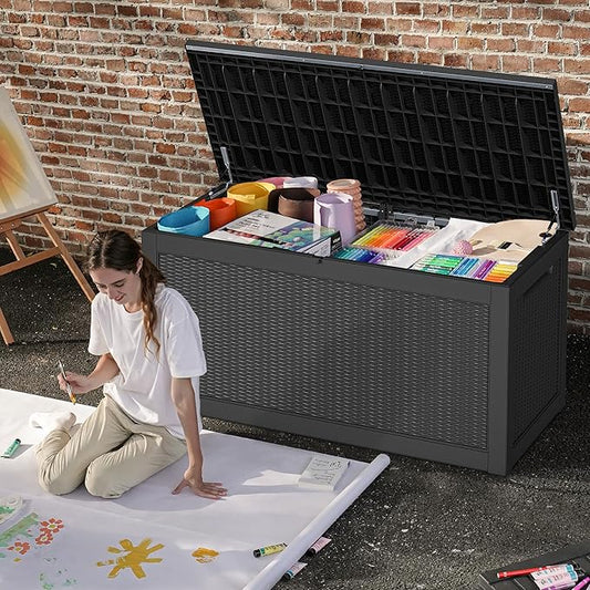 DWVO 320 Gallon XXL Extra Large Deck Box, Resin Outdoor Storage Box, Lockable & Waterproof, Double as Seating, 1000lbs Capacity (Black)