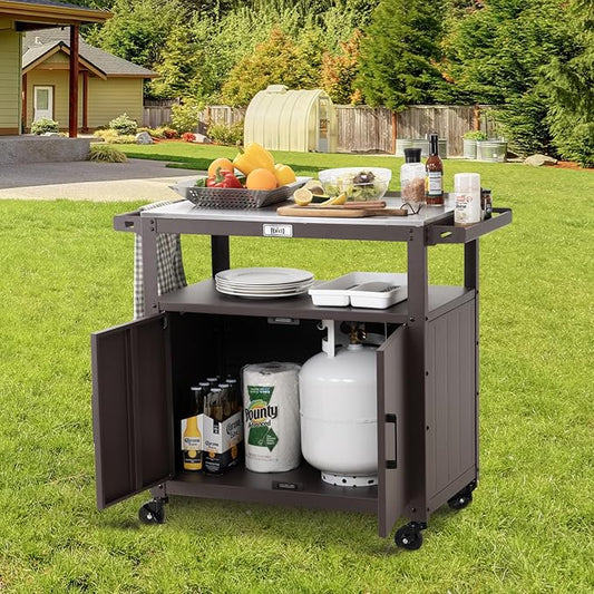 Feasto Outdoor Grill Cart with Stainless Steel Tabletop and Storage Cabinet, Movable Kitchen Island with Wheels for BBQ Food Prep, Brown