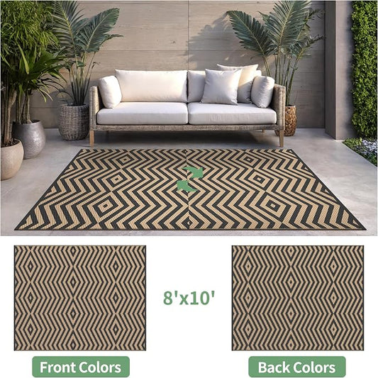GENIMO Outdoor Rug, Waterproof Plastic Rugs for Patio, 8'x10' Shadow Brown | Outside Larger Modern Carpet Mat for Porch Decor, Deck, Balcony, Camping, RV, Backyard, Picnic, Beach, Reversible, Foldable