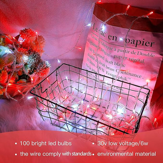 Hopolon 33FT 100 Led String Lights Indoor Outdoor,Red and White Christmas Lights Clear Wire,Connectable Waterproof Twinkle Fairy Light Plug in for Tree Valentines Day Bedroom Wedding,100 LED,Red White
