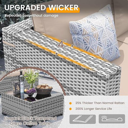 UDPATIO Patio Furniture Set with Fire Pit Table, 8 Pcs Outdoor Sectional Sofa, PE Wicker Patio Conversation Set for Garden, Backyard (Beige Cushions with Grey Rattan)