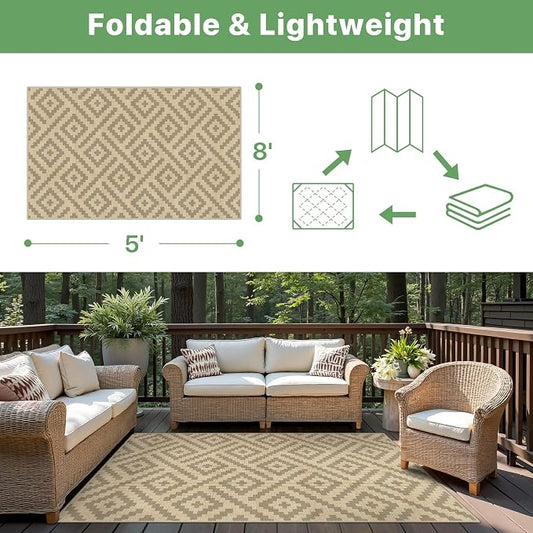 GENIMO Outdoor Rug, Waterproof Plastic Rugs for Patio, 5'x8' Oat Beige | Outside Larger Modern Carpet Mat for Porch Decor, Deck, Balcony, Camping, RV, Backyard, Picnic, Beach, Reversible, Foldable