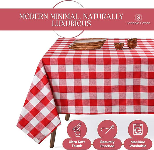 Red and White Buffalo Check Tablecloth, 60x102 Inches, Plaid Table Cover, 100% Cotton, Washable, Reusable Farmhouse Table Linen for BBQs, Buffet Parties, Camping, Everyday Dining