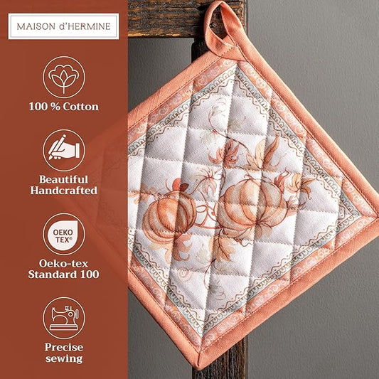 Maison d' Hermine Pot Holders Set 100% Cotton Heat Resistant Potholders 8" x 8" Hot Pads with Loop for Thanksgiving Christmas Decorations BBQ Baking Handling Hot Pans (Pack of 2, Giving Thanks)