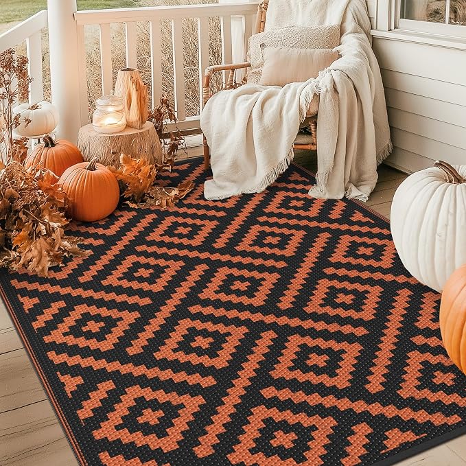 GENIMO Outdoor Rug, Waterproof Plastic Rugs for Patio, 6'x9' Black Orange | Outside Larger Modern Carpet Mat for Porch Decor, Deck, Balcony, Camping, RV, Backyard, Picnic, Beach, Reversible, Foldable