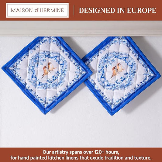 Maison d' Hermine Pot Holders 100% Cotton Heat Resistant Potholders 8" x 8" Hot Pads with Loop Cooking Baking Hotel Farmhouse Kitchen Handling Hot Pans Spring Summer (Pack of 2, Amsterdam Canals)