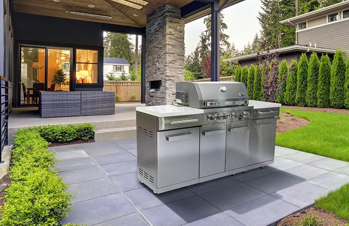 Mont Alpi Premium 70"W x 24"D x 46"H Stainless Steel Outdoor Kitchen Island + 32"W 4-Burner BBQ Grill with Infrared Burner + Storage Cabinets + White Granite Countertops + Natural Gas Conversion Kit