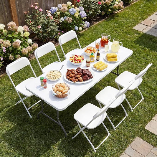 Sweetcrispy 6 FT Folding Picnic Table with 6 White Folding Chairs, Easy to Fold and Store, Foldable Table for Camping Picnic Dining Party Kitchen Outdoor Indoor with Carrying Handle
