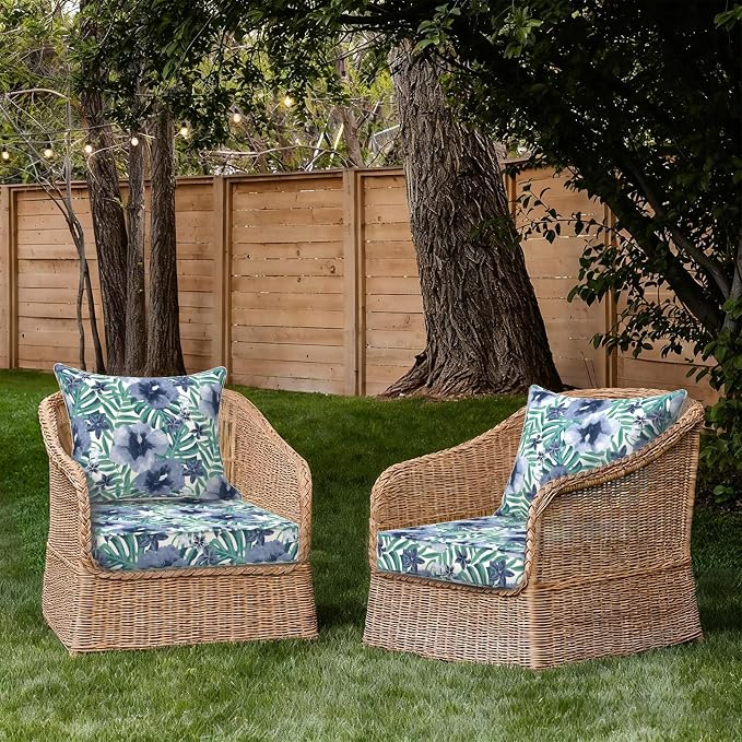 DYTXIII Outdoor Deep Seat Cushion Set, Water Repellent 24"x24" Patio Thick Cushions Replacement with Seat & Back Pillow for Patio Sofa, Wicker Chair, Couch - Blue Salmone Tropical