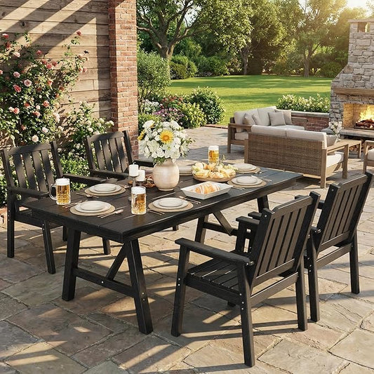 Garvee Outdoor Patio Dining Table for 4-6, 66.9" Long Outdoor HDPE Garden Dining Table with Umbrella Hole, Aluminum Frame, Triangular Legs, Waterproof, All-Weather for Backyard, Poolside, Black