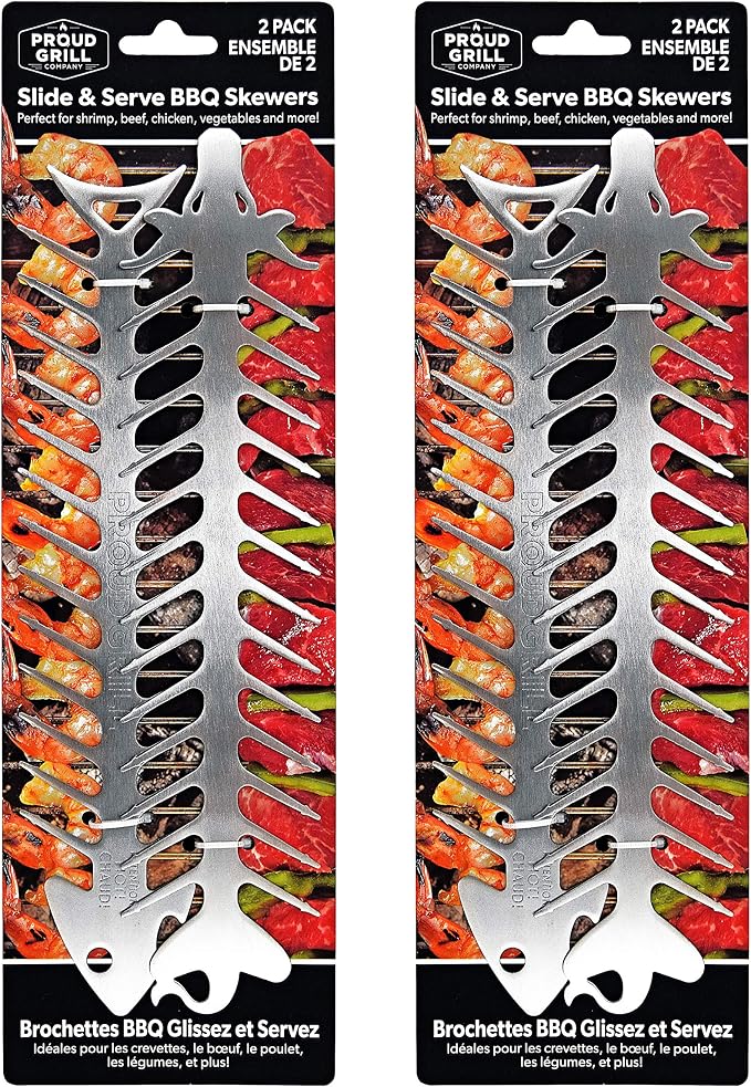 Proud Grill Slide & Serve BBQ Skewers, Grilling Accessories, 12", Set of 4 | Reusable Stainless-Steel Barbecue Skewers, Ideal for Shish Kabobs, Beef, Pork, Chicken, Shrimp & Vegetables, BBQ Tool Sets