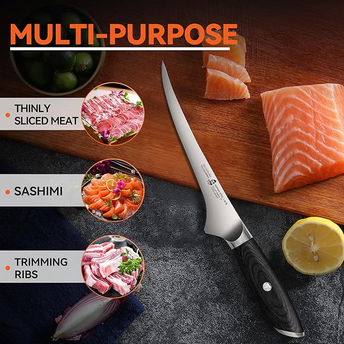 TUO Fillet Knife, 7 Inch Professional Fish Boning Knife for Trimming Meat & Poultry, Flexible Blade, High Carbon German Steel, Riveted Handle - Falcon Series
