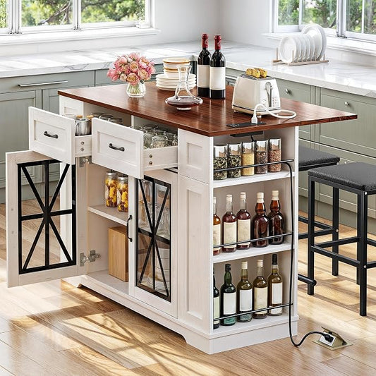 YITAHOME Kitchen Island with Seating | 47 Inch Mobile Storage Island with Drop Leaf, Power Outlet & Spice Rack, 2 Upholstered Stools and Footrest