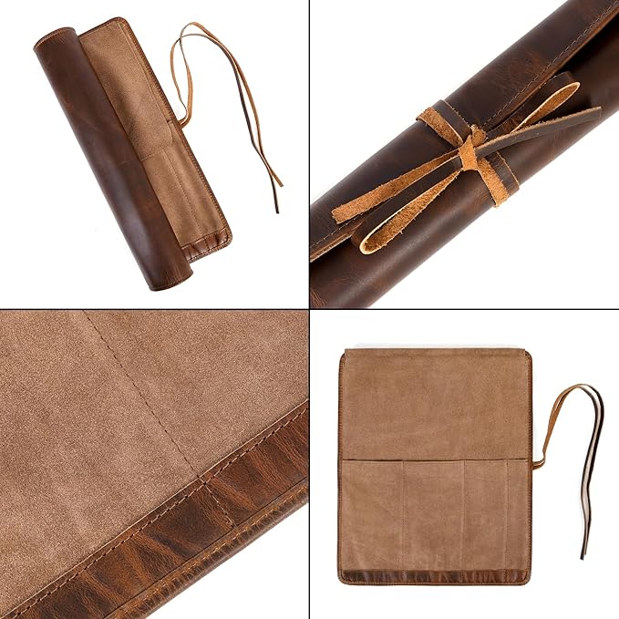 ELIZO Leather Knife Roll Bag Professional Chef Knife Case, Durable Knife Sheath Holder, Cooks & Culinary Tools Carrying Storage, Portable Knife Wrap - 4 Slots