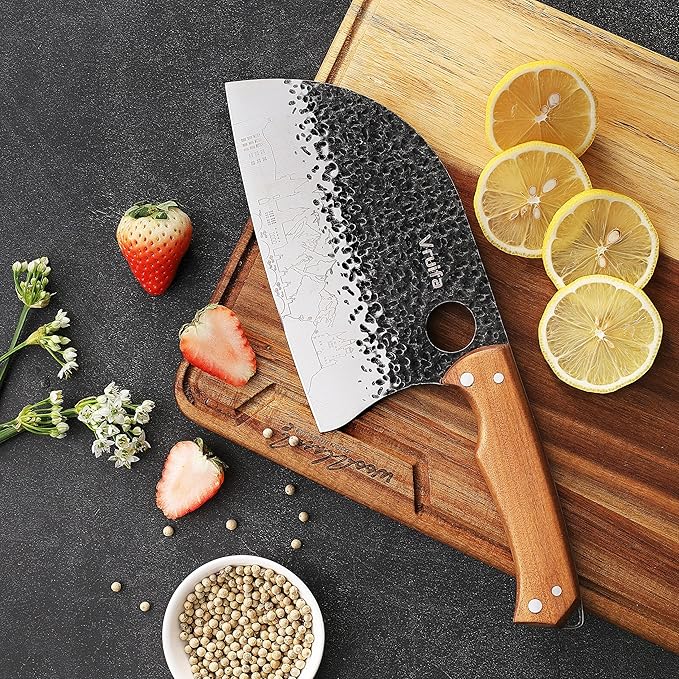 VRUIFA 3 PCS Butcher Knife Set (Serbian, Meat Cleaver, Viking), Hand Forged with Premium Stainless Steel Blades, Ergonomic Wooden Handle Kitchen Knife Set for Home,BBQ, and Camping