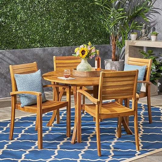 Christopher Knight Home Payne Outdoor 4-Seater Round Acacia Wood Dining Set, Teak Finish