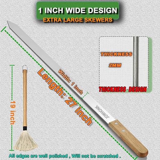 27 Inch Extra Long 1 Inch Wide Kabob Skewers for Grilling, Premium 304 Stainless Steel Barbecue Skewer with Wood Handle,Metal Flat Kebab Skewers include 8PCS BBQ Skewer,1PCS Grill Mop Brush